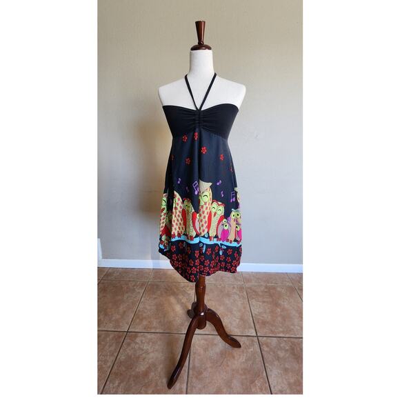 Kathmandu Imports Women's Halter Dress Owl Y2K Boho Hippie Music - Picture 1 of 12